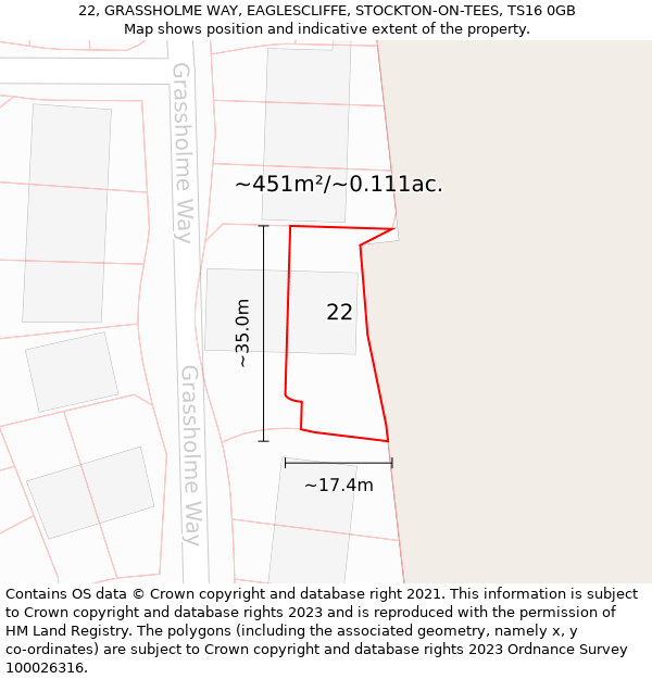 22, GRASSHOLME WAY, EAGLESCLIFFE, STOCKTON-ON-TEES, TS16 0GB: Plot and title map