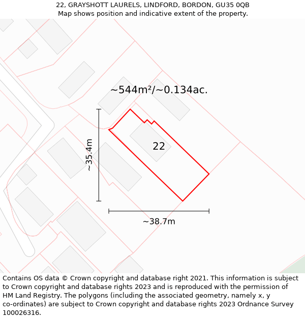 22, GRAYSHOTT LAURELS, LINDFORD, BORDON, GU35 0QB: Plot and title map