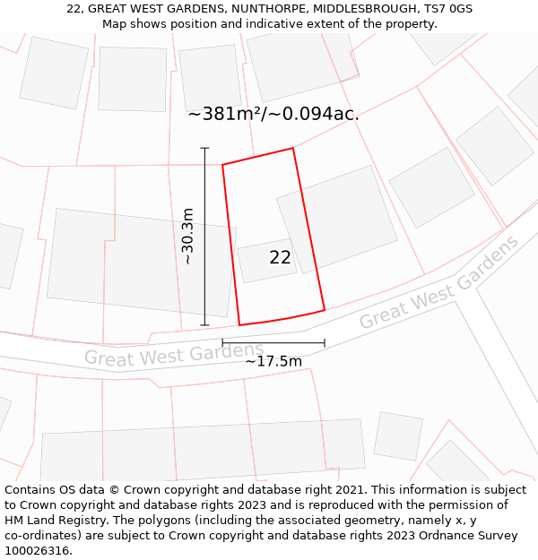 22, GREAT WEST GARDENS, NUNTHORPE, MIDDLESBROUGH, TS7 0GS: Plot and title map