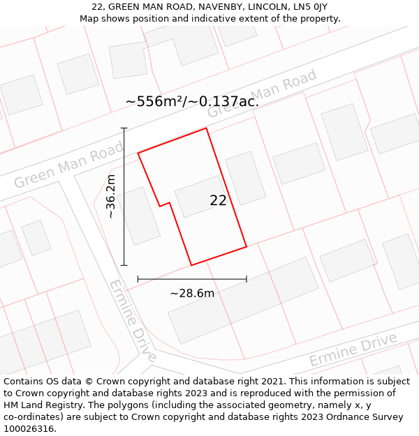 22, GREEN MAN ROAD, NAVENBY, LINCOLN, LN5 0JY: Plot and title map
