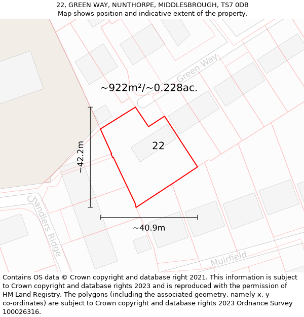 22, GREEN WAY, NUNTHORPE, MIDDLESBROUGH, TS7 0DB: Plot and title map