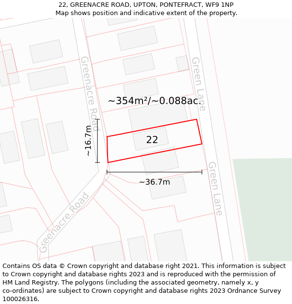 22, GREENACRE ROAD, UPTON, PONTEFRACT, WF9 1NP: Plot and title map