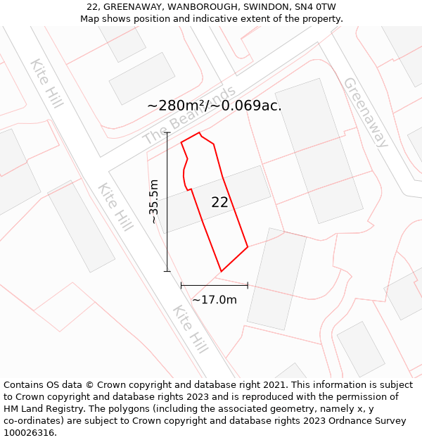 22, GREENAWAY, WANBOROUGH, SWINDON, SN4 0TW: Plot and title map