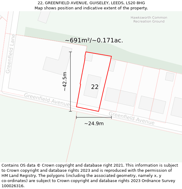 22, GREENFIELD AVENUE, GUISELEY, LEEDS, LS20 8HG: Plot and title map