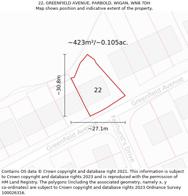 22, GREENFIELD AVENUE, PARBOLD, WIGAN, WN8 7DH: Plot and title map