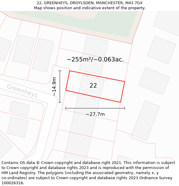 22, GREENHEYS, DROYLSDEN, MANCHESTER, M43 7GX: Plot and title map