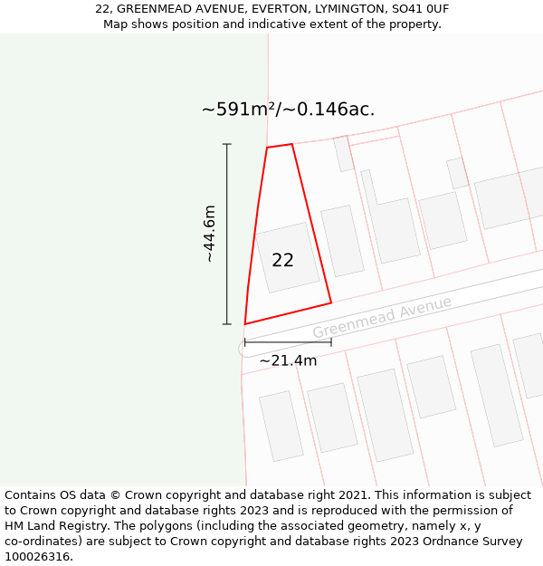 22, GREENMEAD AVENUE, EVERTON, LYMINGTON, SO41 0UF: Plot and title map