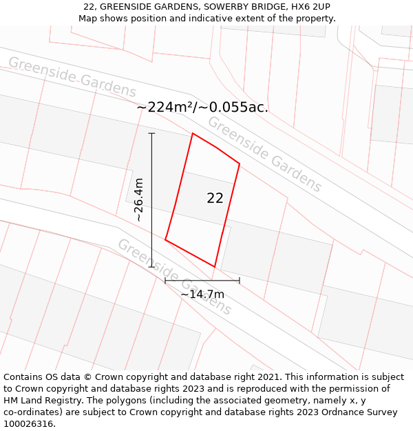 22, GREENSIDE GARDENS, SOWERBY BRIDGE, HX6 2UP: Plot and title map