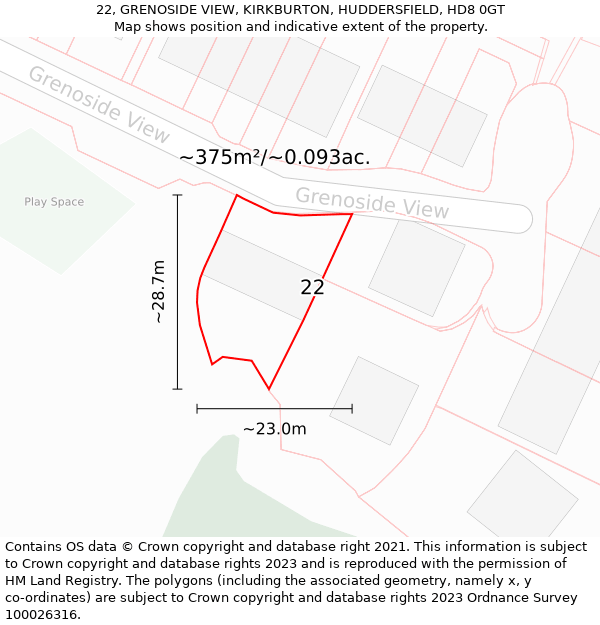 22, GRENOSIDE VIEW, KIRKBURTON, HUDDERSFIELD, HD8 0GT: Plot and title map