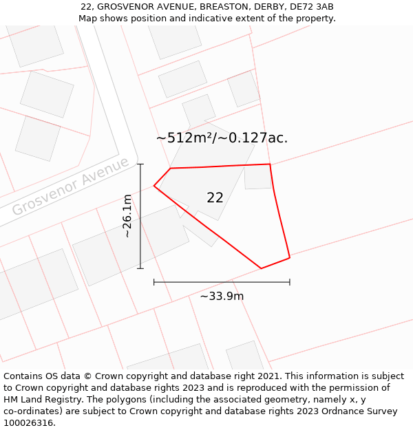 22, GROSVENOR AVENUE, BREASTON, DERBY, DE72 3AB: Plot and title map