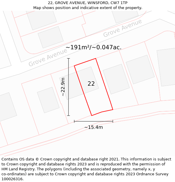 22, GROVE AVENUE, WINSFORD, CW7 1TP: Plot and title map