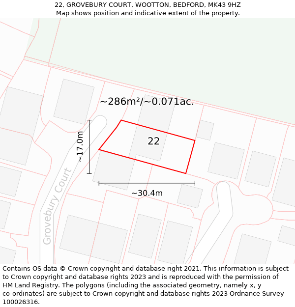 22, GROVEBURY COURT, WOOTTON, BEDFORD, MK43 9HZ: Plot and title map