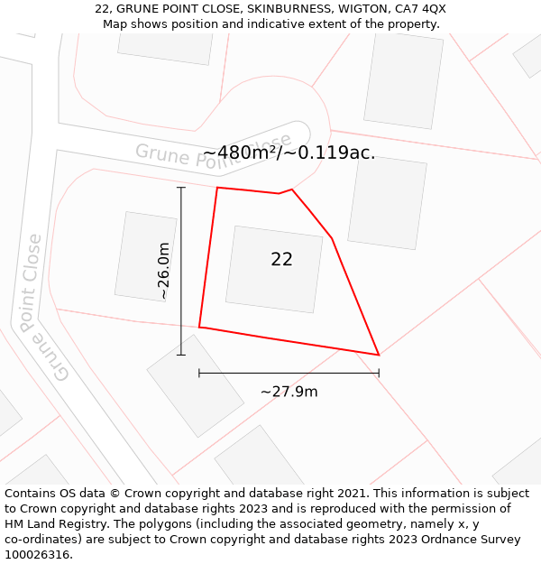 22, GRUNE POINT CLOSE, SKINBURNESS, WIGTON, CA7 4QX: Plot and title map