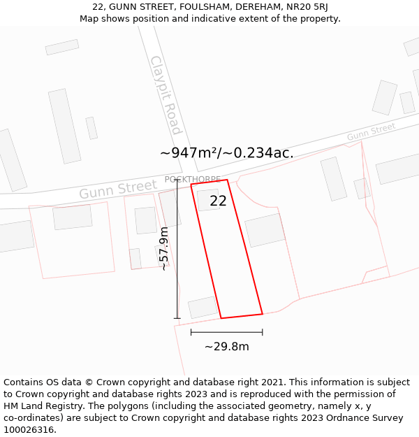 22, GUNN STREET, FOULSHAM, DEREHAM, NR20 5RJ: Plot and title map