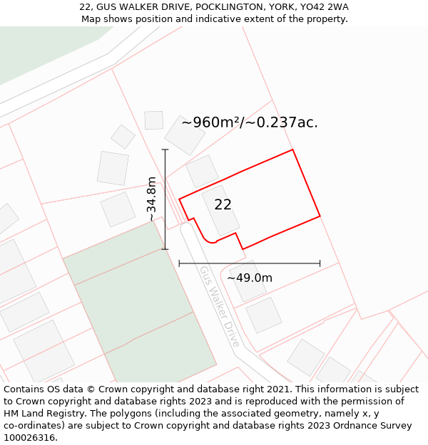 22, GUS WALKER DRIVE, POCKLINGTON, YORK, YO42 2WA: Plot and title map