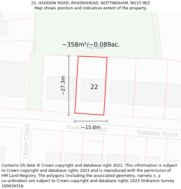 22, HADDON ROAD, RAVENSHEAD, NOTTINGHAM, NG15 9EZ: Plot and title map