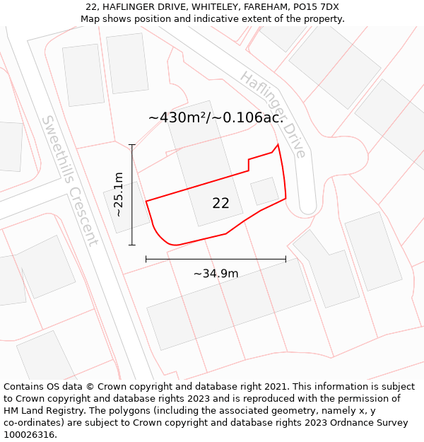 22, HAFLINGER DRIVE, WHITELEY, FAREHAM, PO15 7DX: Plot and title map