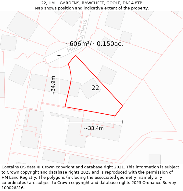 22, HALL GARDENS, RAWCLIFFE, GOOLE, DN14 8TP: Plot and title map