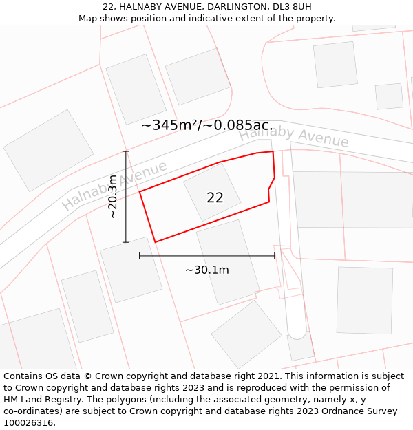 22, HALNABY AVENUE, DARLINGTON, DL3 8UH: Plot and title map