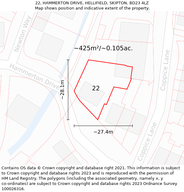 22, HAMMERTON DRIVE, HELLIFIELD, SKIPTON, BD23 4LZ: Plot and title map