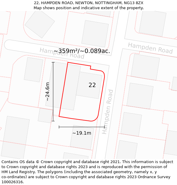 22, HAMPDEN ROAD, NEWTON, NOTTINGHAM, NG13 8ZX: Plot and title map