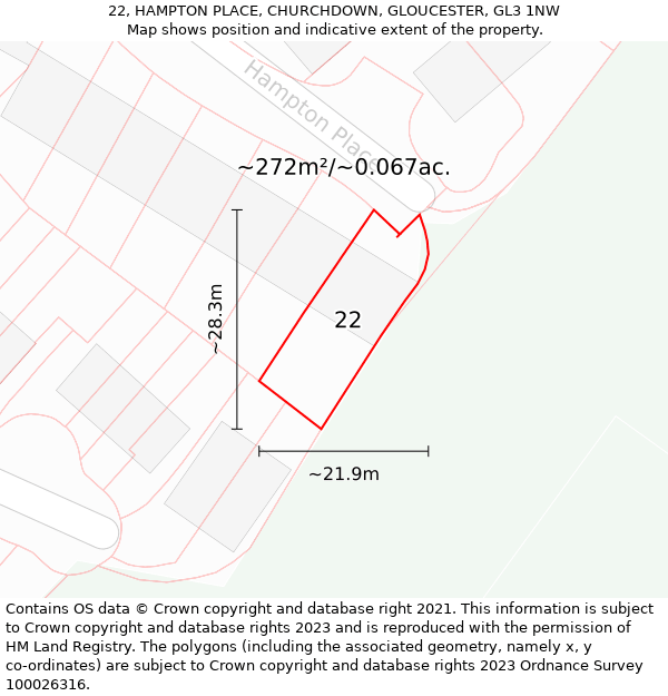 22, HAMPTON PLACE, CHURCHDOWN, GLOUCESTER, GL3 1NW: Plot and title map