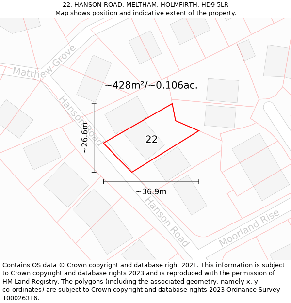 22, HANSON ROAD, MELTHAM, HOLMFIRTH, HD9 5LR: Plot and title map