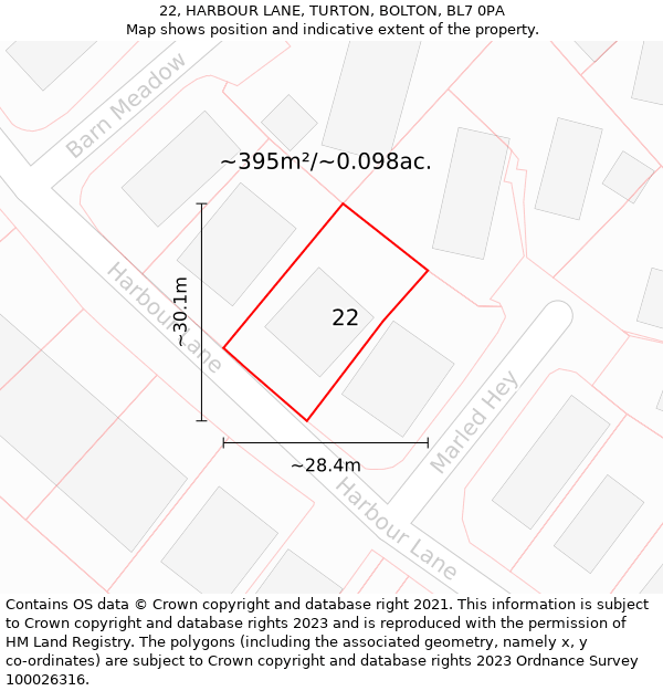 22, HARBOUR LANE, TURTON, BOLTON, BL7 0PA: Plot and title map