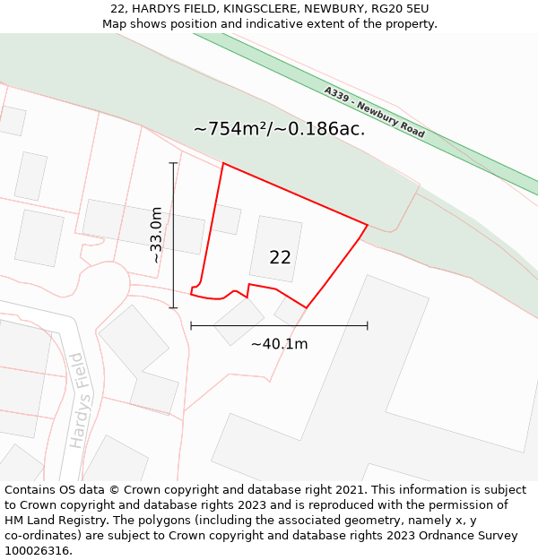 22, HARDYS FIELD, KINGSCLERE, NEWBURY, RG20 5EU: Plot and title map