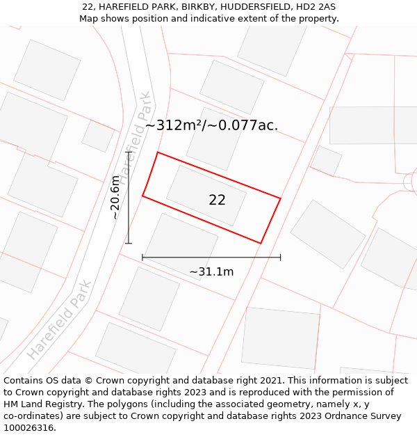 22, HAREFIELD PARK, BIRKBY, HUDDERSFIELD, HD2 2AS: Plot and title map