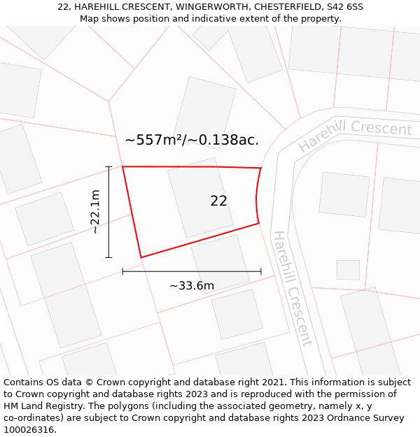 22, HAREHILL CRESCENT, WINGERWORTH, CHESTERFIELD, S42 6SS: Plot and title map