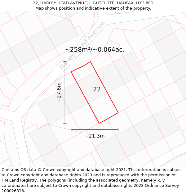 22, HARLEY HEAD AVENUE, LIGHTCLIFFE, HALIFAX, HX3 8FD: Plot and title map