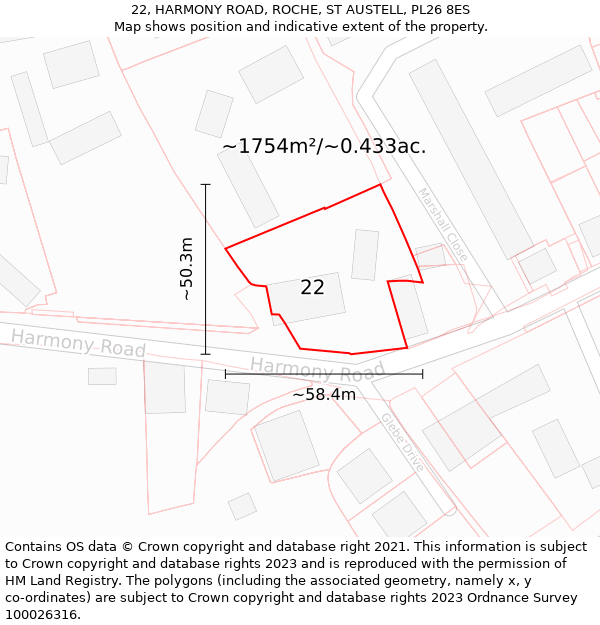 22, HARMONY ROAD, ROCHE, ST AUSTELL, PL26 8ES: Plot and title map