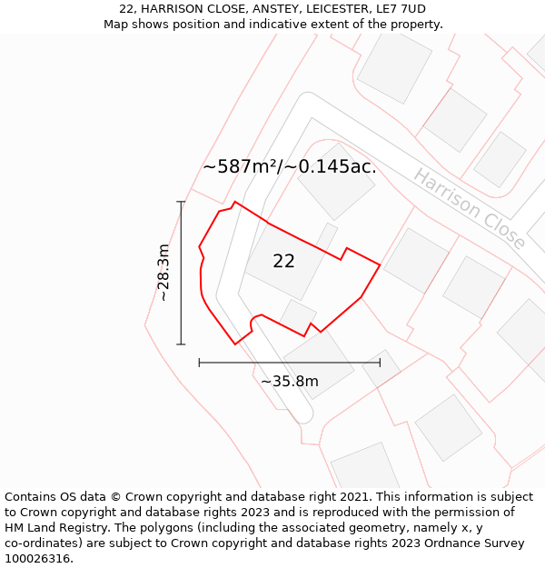 22, HARRISON CLOSE, ANSTEY, LEICESTER, LE7 7UD: Plot and title map