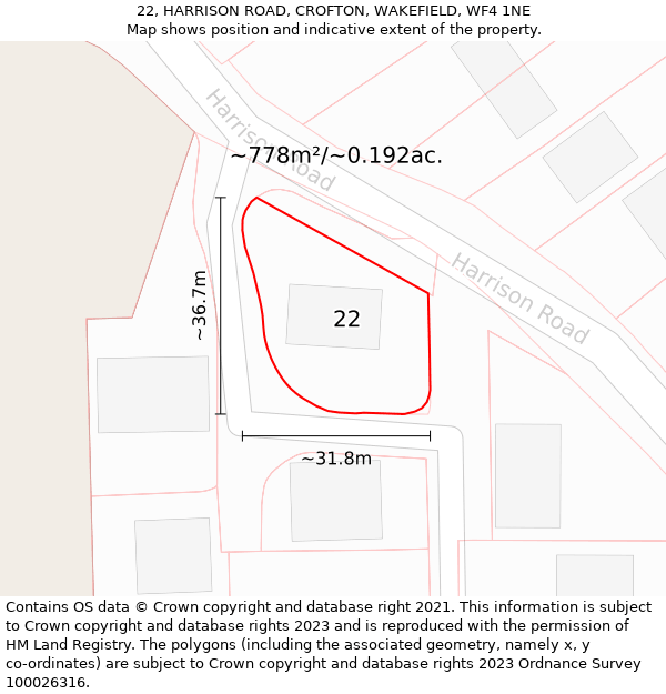 22, HARRISON ROAD, CROFTON, WAKEFIELD, WF4 1NE: Plot and title map