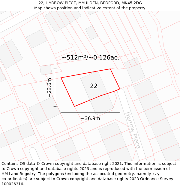 22, HARROW PIECE, MAULDEN, BEDFORD, MK45 2DG: Plot and title map