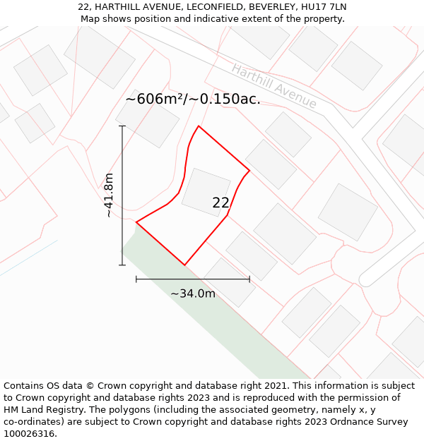 22, HARTHILL AVENUE, LECONFIELD, BEVERLEY, HU17 7LN: Plot and title map