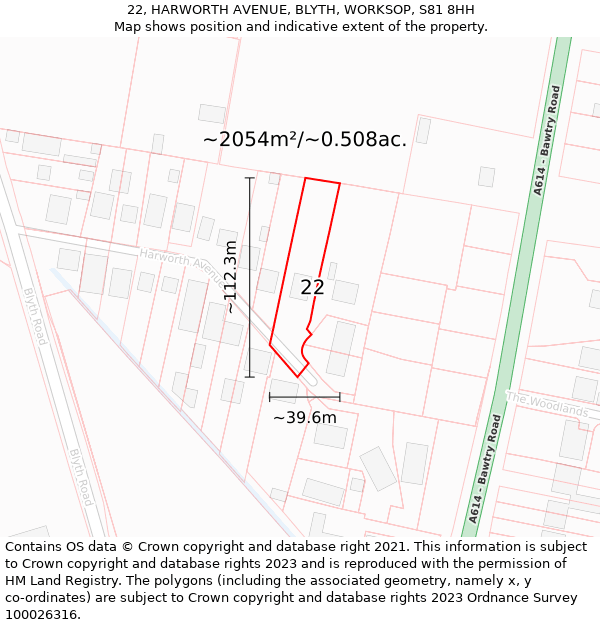 22, HARWORTH AVENUE, BLYTH, WORKSOP, S81 8HH: Plot and title map