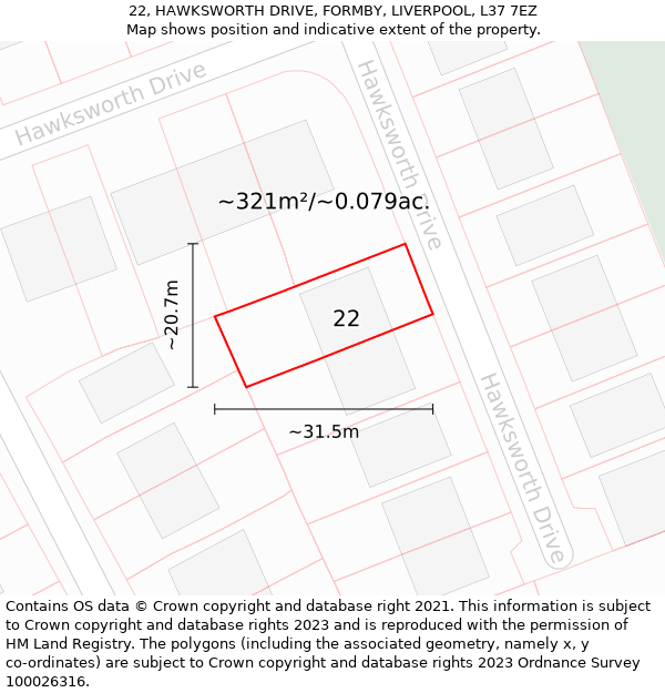 22, HAWKSWORTH DRIVE, FORMBY, LIVERPOOL, L37 7EZ: Plot and title map