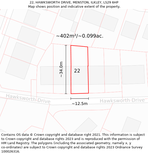 22, HAWKSWORTH DRIVE, MENSTON, ILKLEY, LS29 6HP: Plot and title map