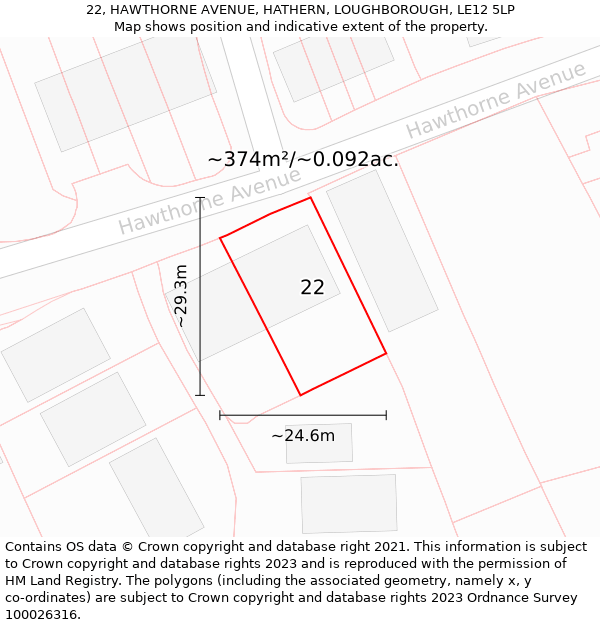 22, HAWTHORNE AVENUE, HATHERN, LOUGHBOROUGH, LE12 5LP: Plot and title map