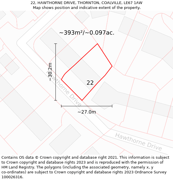 22, HAWTHORNE DRIVE, THORNTON, COALVILLE, LE67 1AW: Plot and title map