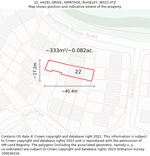 22, HAZEL DRIVE, ARMITAGE, RUGELEY, WS15 4TZ: Plot and title map