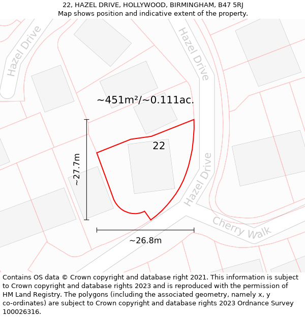 22, HAZEL DRIVE, HOLLYWOOD, BIRMINGHAM, B47 5RJ: Plot and title map