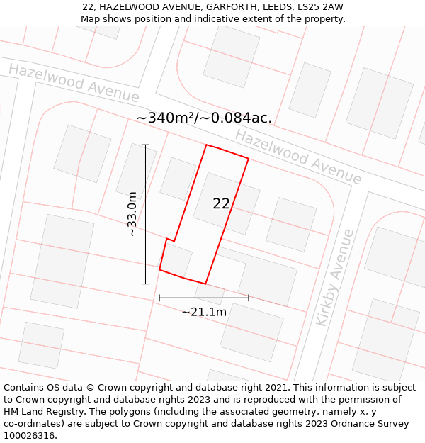 22, HAZELWOOD AVENUE, GARFORTH, LEEDS, LS25 2AW: Plot and title map