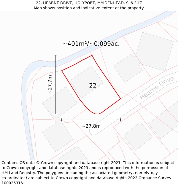 22, HEARNE DRIVE, HOLYPORT, MAIDENHEAD, SL6 2HZ: Plot and title map