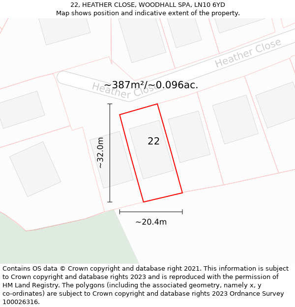 22, HEATHER CLOSE, WOODHALL SPA, LN10 6YD: Plot and title map