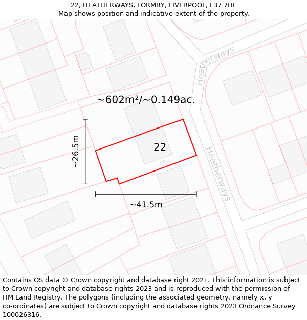 22, HEATHERWAYS, FORMBY, LIVERPOOL, L37 7HL: Plot and title map