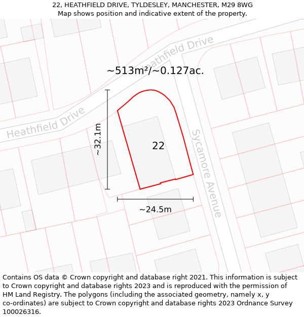 22, HEATHFIELD DRIVE, TYLDESLEY, MANCHESTER, M29 8WG: Plot and title map