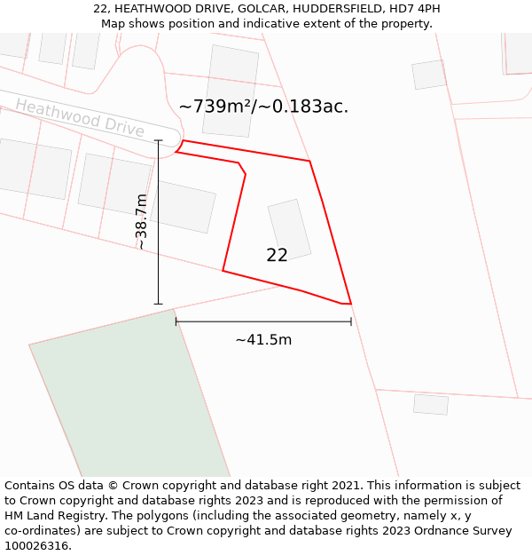 22, HEATHWOOD DRIVE, GOLCAR, HUDDERSFIELD, HD7 4PH: Plot and title map